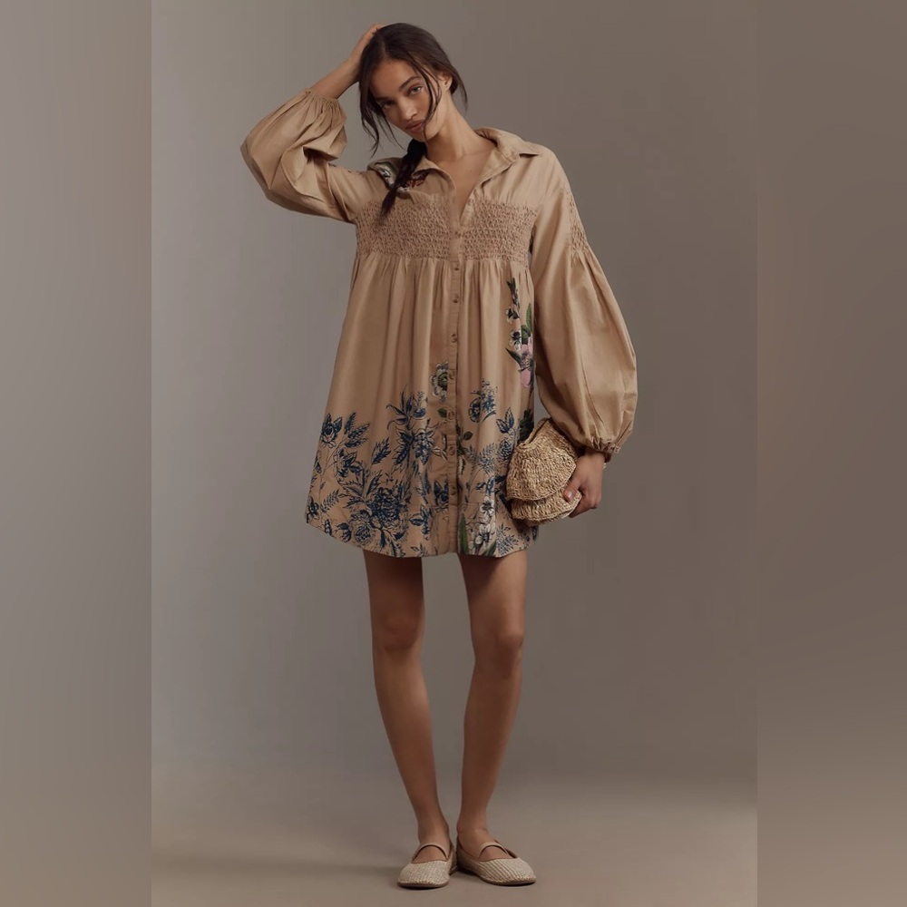 NWT! Anthropologie Maeve Smocked Long Sleeve Mini Shirt Dress - SMALL PETITE 🎢 - Picture 4 of 5